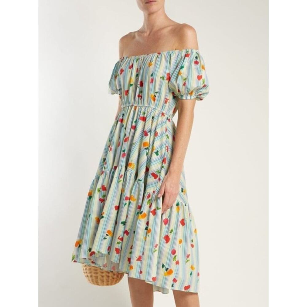 Caroline Constas Bardot Midi Dress Small Floral Pinstripe Cottage Resort Cruise - Picture 9 of 9